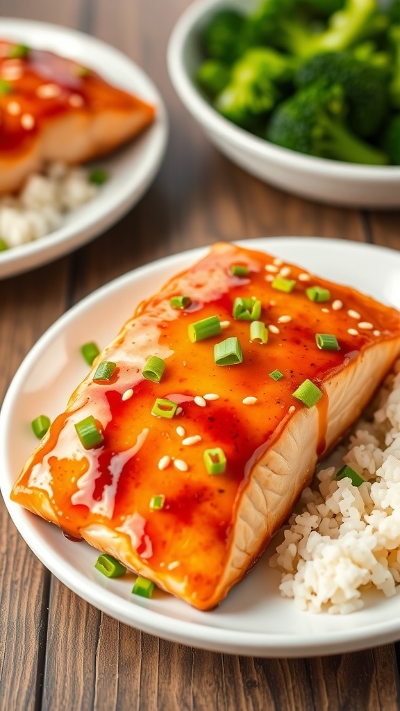 Honey glazed air fryer salmon fillet garnished with green onions and sesame seeds on a white plate with broccoli and rice.